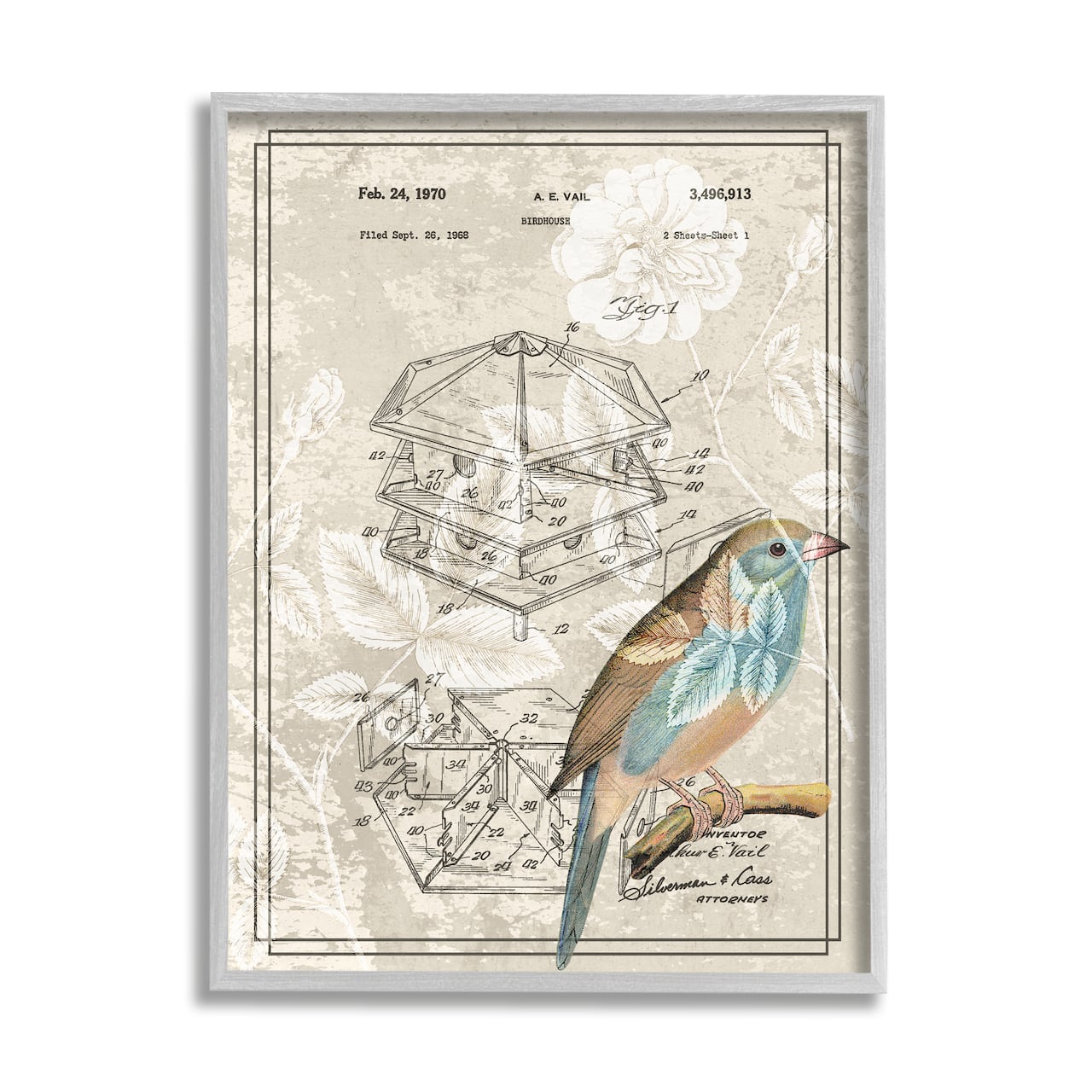 Stupell Industries Vintage Bird House Patent Design Figure Eastern Bluebird Framed Wall Art